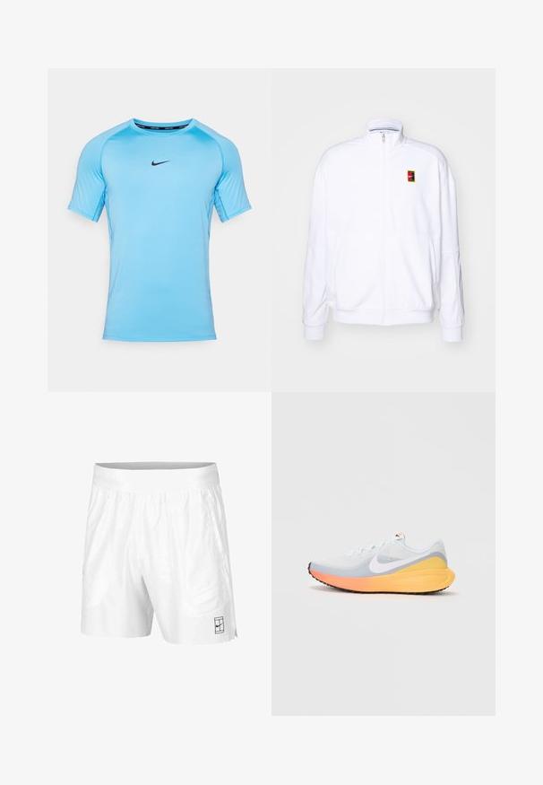 Valge tõmmatav kapuutsiga sviiter, mis on valmistatud pehmest kangast. Sellel on kõrge kaelus ja väike mitmevärviline Nike logo vasakul rinnal.; Hele sinine lühikeste varrukatega sportlik särk, mis on valmistatud hingavast kangast ja millel on rinnal must Nike logo ning ümmargune kaelus.; Valged spordilühikesed püksid, mis on valmistatud kergest kangast, elastse vöökoha ja kahe küljetaskuga. Hemmi peal on väike must logo.; Hele sinine jooksujalanõud, millel on hingav võrgusilm. Omab valget swooshi, oranži ja kollast vaheosa ning musta tallaga, mis tagab haarduvuse.