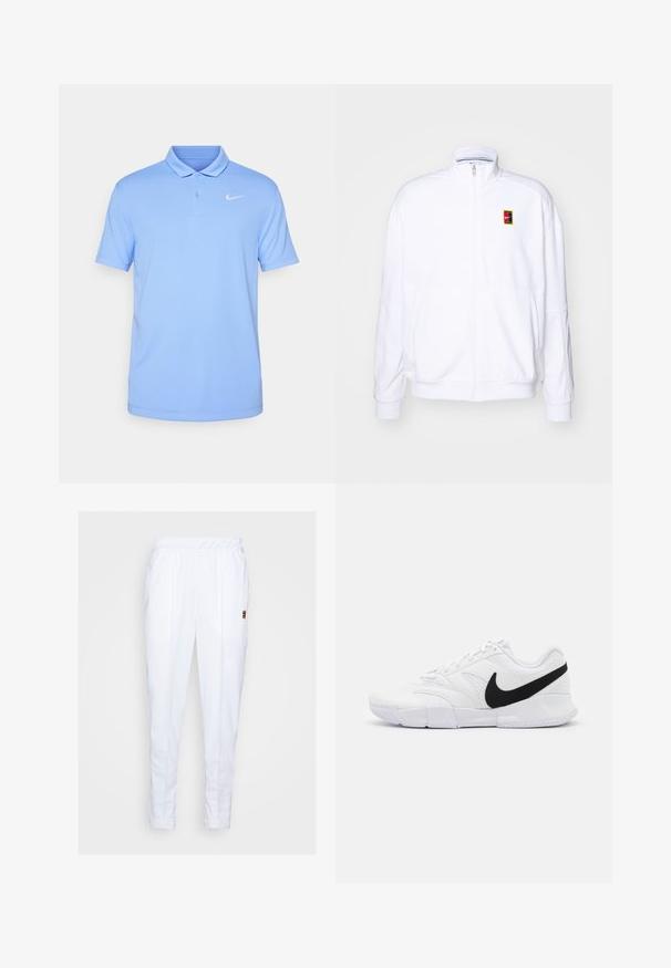 Witte ritsvest gemaakt van zachte stof, met een hoge kraag en een klein meerkleurig Nike-logo op de linkerborst.; Nike Performance NIKECOURT SOLID - Poloshirt - royal pulse/white; Witte sportbroek met een elastische tailleband, voorzien van zijzakken en subtiele stikseldetails langs de benen.; Witte sportieve schoenen met een gestructureerde bovenkant, zwarte Nike swoosh, gewatteerde kraag en een solide rubberen buitenzool met een gepatternde profiel.