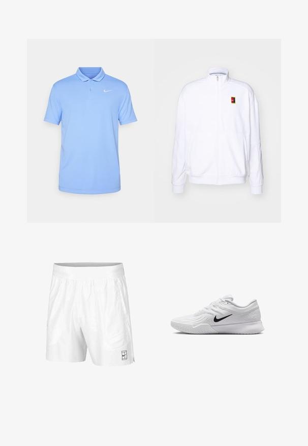 Sudadera blanca con cremallera hecha de una tela suave, con un cuello alto y un pequeño logotipo de Nike multicolor en el lado izquierdo del pecho.; Nike Performance NIKECOURT SOLID - Polo - royal pulse/white; Pantalones cortos deportivos blancos hechos de una tela ligera con una cinturilla elástica, que cuentan con dos bolsillos laterales y un pequeño logo negro en el dobladillo.; Zapatilla deportiva blanca con parte superior de malla texturizada, swoosh negro de Nike, cuello acolchado y suela de goma con un patrón de taco.