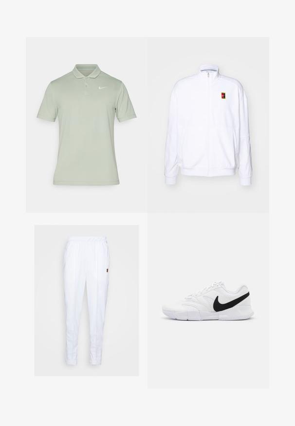 Sudadera blanca con cremallera hecha de una tela suave, con un cuello alto y un pequeño logotipo de Nike multicolor en el lado izquierdo del pecho.; Nike Performance NIKECOURT SOLID - Polo - jade horizon/white; Pantalones deportivos blancos con cintura elástica, que cuentan con bolsillos laterales y detalles de costura sutiles a lo largo de las piernas.; Zapatillas deportivas blancas con parte superior texturizada, logo de Nike en negro, cuello acolchado y suela de goma sólida con dibujo en patrón.
