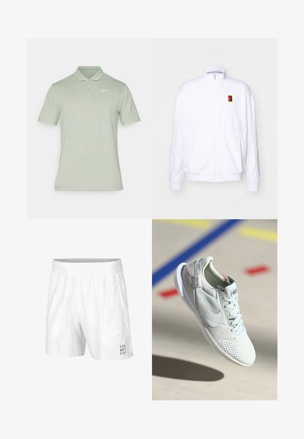 Biała bluza rozpinana wykonana z miękkiego materiału, z wysokim kołnierzem i małym, wielokolorowym logo Nike po lewej stronie klatki piersiowej.; Nike Performance NIKECOURT zielony; Białe sportowe szorty wykonane z lekkiego materiału, z elastycznym pasem, wyposażone w dwie boczne kieszenie oraz małe czarne logo na dolnym brzegu.; Sneaker Nike w jasnoszarym kolorze, wykonany z zamszu i siateczki, z perforowanymi detalami, białą podeszwą i srebrnym akcentem na pięcie.