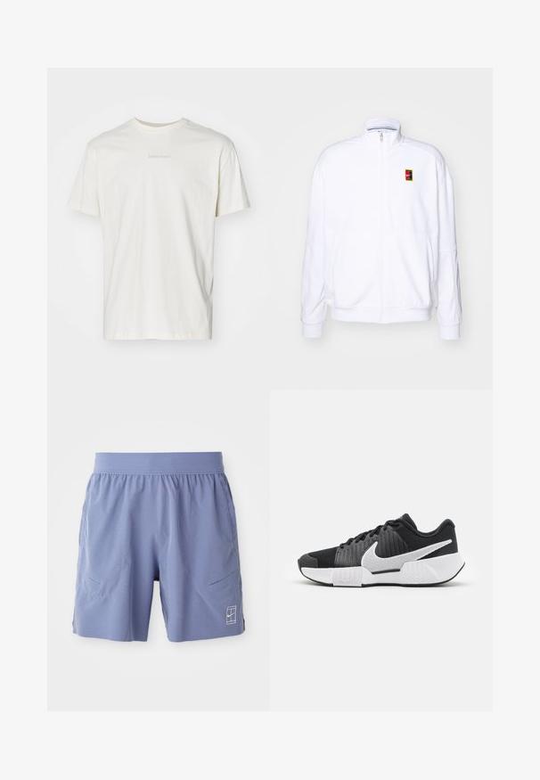 Vit zip-up sweatshirt gjord av mjukt tyg, med hög krage och en liten flerfärgad Nike-logga på vänster bröst.; Krämfärgad bomulls t-shirt med korta ärmar och rund halsringning. Har diskret text "BJÖRN BORG" i ljusgrått på framsidan.; Ljusblåa sportshorts med elastisk midja, två sidfickor och en liten vit logotyp nedanför framsidan till höger. Slät textur.; Svarta träningsskor med en texturerad ovandel, vit swoosh-logotyp, vadderad häl och en kontrasterande vit sula med ett zickzack-mönster.