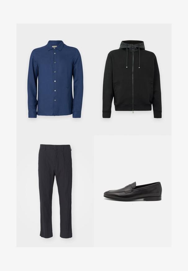 Schwarze Reißverschluss-Hoodie aus weichem Stoff. Mit einem gemusterten Futter in der Kapuze, Kordeln und Seitentaschen. Glatte Textur, lockere Passform.; Marineblaues, langärmliges Hemd mit Knopfleiste aus glattem Stoff; verfügt über einen klassischen Kragen, ein dezentes Logo und eine standardmäßige Knopfleiste.; Schwarze plissee Hosen aus strukturiertem Stoff, mit geradem Bein und normalem Bund. Keine sichtbaren Taschen oder Beschläge.; Schwarze Leder-Herrenloafer mit niedrigem Absatz und klassischem Penny-Riemen-Design, seitlich auf einem weißen Hintergrund dargestellt.