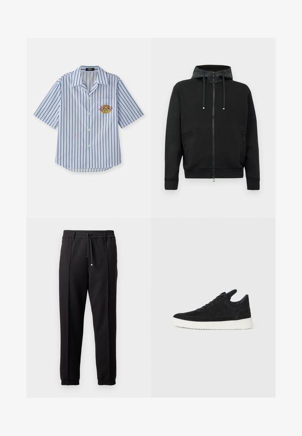 Črna zip-up kapuca, izdelana iz mehkega blaga. Ima vzorčeno podlogo kapuce, vrvico in stranske žepe. Ima gladko teksturo in sproščen kroj.; Palačinka s kratkimi rokavi v modro-belem črtastem vzorcu, z gumbi spredaj, žepom na prsih in vezenim rakom. Mehak material, sproščen kroj.; Črne hlače z pasom, vrvico in elastičnimi manšeti. Imajo nabore in gladko teksturirano blago.; Črne semiš športne copate z belo gumijasto podplatom, ki imajo toneče šive in vezalni dizajn. Gladka tekstura z modernim, poenoteno oblikovano silhueto.