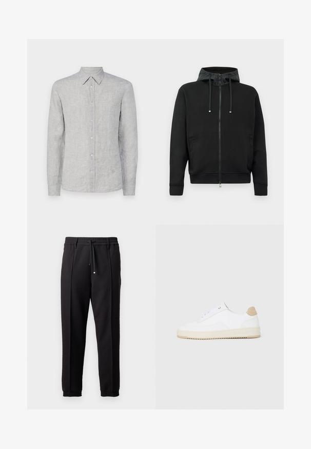 Črna zip-up kapuca, izdelana iz mehkega blaga. Ima vzorčeno podlogo kapuce, vrvico in stranske žepe. Ima gladko teksturo in sproščen kroj.; J.LINDEBERG SLIM MELANGE - Srajca - oil green; Črne hlače z pasom, vrvico in elastičnimi manšeti. Imajo nabore in gladko teksturirano blago.; Bele nizke superge z zgornjim delom iz teksturirane usnjene površine, smetano obrobljenim podplatom in svetlo rjavo akcentom na peti. Imajo bele vezalke in podrobnost z logotipom na peti.