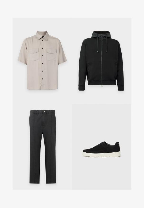 Svart zip-up hettegenser laget av mykt stoff. Har et mønstrete fôr i hetten, snorer og sidelommer. Glatt tekstur, avslappet passform.; Korte ermer, lys beige skjorte med knapper og krage, to klafflommer og svarte knapper foran. Glatt, ustrukturert stoff.; Svarte bukser med elastisk midjebånd, flat front, to sidelommer og dekorative sømmer. Ingen synlige mønstre eller metallbeslag.; Svart semsket sneakers med snøring og kontrasterende hvit gummisåle. Har teksturerte sidepaneler og subtil merkevare på hælen.