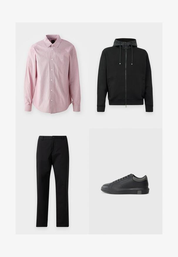 Čierna mikina na zips vyrobená z mäkkej tkaniny. Obsahuje vzorovaný podšívku kapuce, šnúrky a bočné vrecká. Hladká textúra, uvoľnený strih.; Ružovo pruhovaná košeľa s dlhým rukávom a golierom na gombíky, predné zapínanie, biele gombíky a malý logo na ľavej hrudi.; Čierne nohavice so rovnými nohavicami, s upevnením na gombík a zips, s pútkami na opasok a prednými vreckami, zobrazené na bielom pozadí.; Čierne kožené tenisky s hladkým povrchom, zaoblenou špičkou a tmavošedými akcentmi. Obsahujú šnurovací dizajn a štruktúrovanú gumovú podrážku.