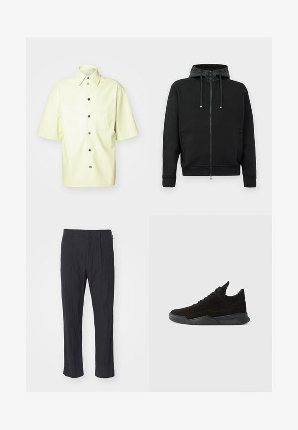 Fekete cipzáras kapucnis pulóver puha anyagból. Mintás kapucni bélés, zsinórok és oldalsó zsebek jellemzik. Simára fésült textúra, laza fazon.; Rövid ujjú ing világos sárga műbőrből. Jellemzője egy elülső zseb, gombos záródás és klasszikus gallér. Sima, fényes textúra.; Fekete pliszírozott nadrág textúrált anyagból, egyenes lábbal és standard derékpánttal. Nincsenek látható zsebek vagy fémalkatrészek.; Fekete nubuk sportcipő alacsony profilú, texturált felsőrésszel, lapos fűzőkkel és szilárd gumitalppal, amely enyhe sarkot és ívelt formát tartalmaz.