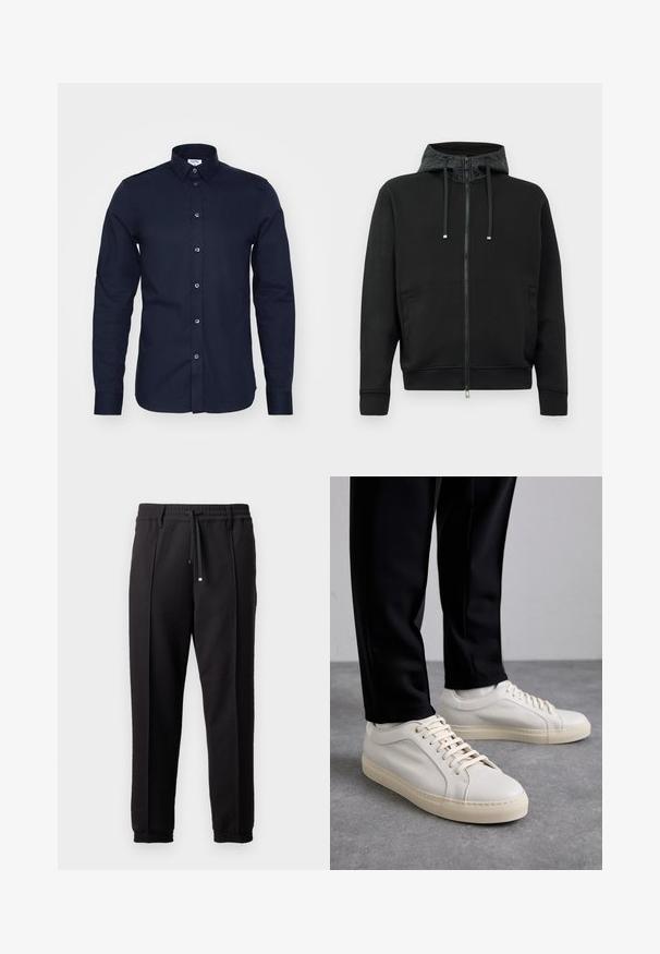 Fekete cipzáras kapucnis pulóver puha anyagból. Mintás kapucni bélés, zsinórok és oldalsó zsebek jellemzik. Simára fésült textúra, laza fazon.; Tengerészkék, hosszú ujjú pamut ing, gombos gallérral és elülső gombokkal. Simás textúrájú és strukturált fazonú.; Fekete nadrág derékpánttal, húzózsinórral és rugalmas mandzsettákkal. Jellemző rá a pliszírozás és a sima, textúrált anyag.; Világos bézs bőr sportcipő lapos fűzőkkel, texturált felülettel és kontrasztos krémszínű gumitalppal, fekete irodai nadrággal párosítva.