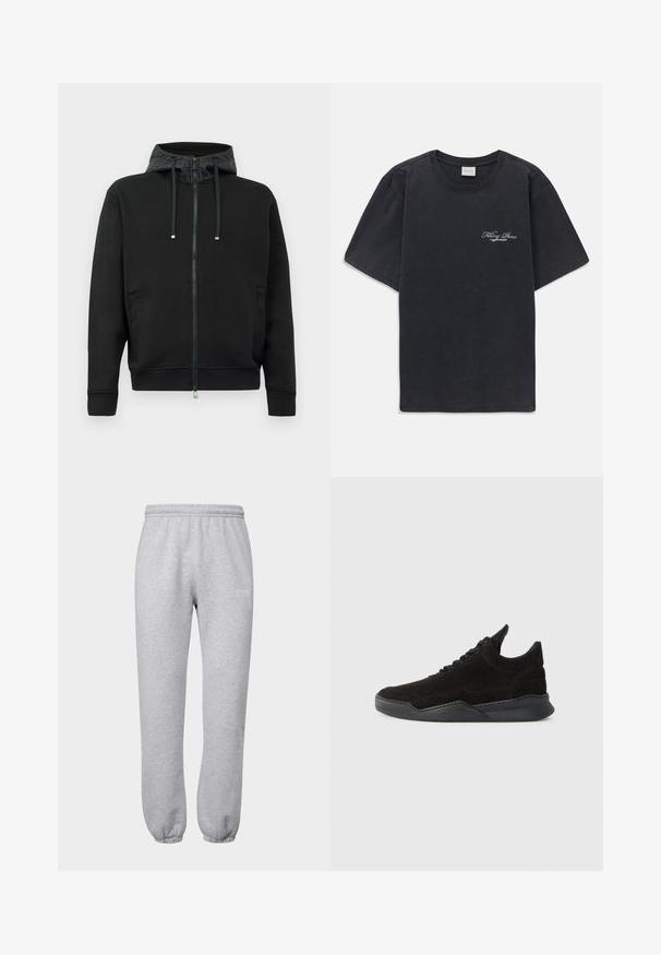 Czarna bluza z kapturem na zamek o miękkiej strukturze. Posiada wzorzystą podszewkę kaptura, sznurki i boczne kieszenie. Gładki materiał, luźny krój.; Czarna koszulka z krótkim rękawem i okrągłym dekoltem z małym białym logo "Filling Pieces" na lewej piersi.; 7 DAYS Active - Spodnie treningowe; Czarne zamszowe trampki o niskim profilu, teksturowana cholewka, płaskie sznurowadła oraz solidna gumowa podeszwa z lekkim obcasem i zaokrąglonym kształtem.