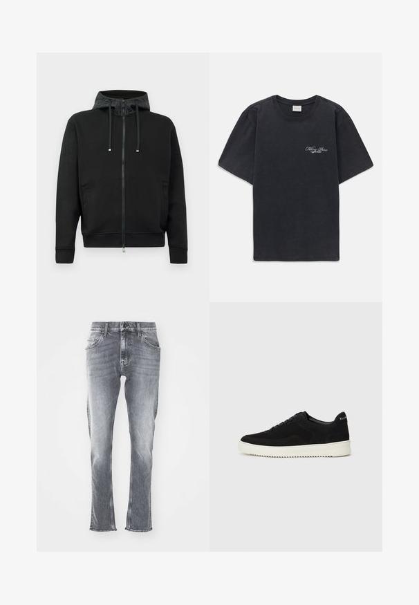 Svart zip-up hettegenser laget av mykt stoff. Har et mønstrete fôr i hetten, snorer og sidelommer. Glatt tekstur, avslappet passform.; Svart kortermet t-skjorte med rund hals og liten hvit "Filling Pieces" tekstlogo på venstre bryst.; Grå denim jeans med smal passform, evne hem, og fem lommer. Har en klassisk knapp- og glidelås-lukking. Myk tekstur med falmet vask.; Svart semsket sneakers med snøring og kontrasterende hvit gummisåle. Har teksturerte sidepaneler og subtil merkevare på hælen.