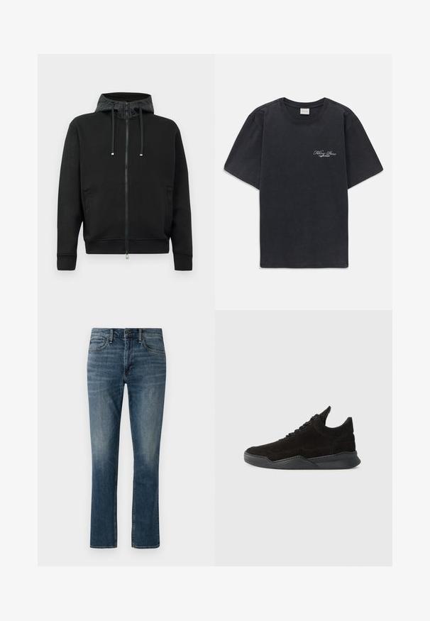 Sort zip-up hoodie lavet af blødt stof. Har mønstret foret i hætten, snoretræk og sidelommer. Glat tekstur, afslappet pasform.; Sort kortærmet t-shirt med rund hals og lille hvidt "Filling Pieces" tekstlogo på venstre bryst.; Mørkeblå denimjeans med lige ben. Funktionen inkluderer forlommer, en knaplukning og diskrete slidmærker nær lårene.; Sort ruskinds sneakers med lav profil, tekstureret overdel, flade snørebånd og en solid gummisål med en let hæl og buet design.