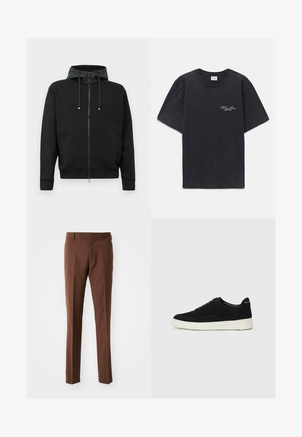 Crna zip-up dukserica od mekog materijala. Sadrži kapuljaču s uzorkom, šnalu za podešavanje i bočne džepove. Glatka tekstura, opušteni kroj.; Crna majica kratkih rukava s okruglim izrezom s malim bijelim logotipom "Filling Pieces" na lijevoj strani prsnog koša.; Smeđe krojene hlače s ravnim prednjim dijelom, ravnim nogavicama, glatkom teksturom i petljama za pojas. Nema vidljivih uzoraka ili metalnih detalja.; Crne nubuk tenisice s vezanjem i kontrastnom bijelom gumenom potplatom. Imaju teksturirane bočne panele i suptilno brendiranje na peti.