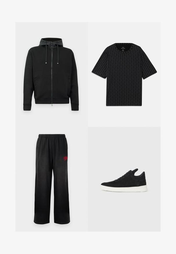 Corta-vento preto com fecho éclair feito de tecido macio. Apresenta um forro de capuz estampado, cordões e bolsos laterais. Textura suave, ajuste descontraído.; Camiseta preta com um padrão texturizado de logótipos 'A' alternados, mangas curtas e decote redondo. Feita de tecido leve.; Calças de moletão pretas com cintura elástica e bolsos laterais. Apresenta o logótipo vermelho "Billionaire Boys Club" na coxa direita. Textura suave e lisa.; Sapatilha de camurça preta com sola de borracha branca, apresentando costuras tonais e um design com atacadores. Textura suave com uma forma moderna e simplificada.