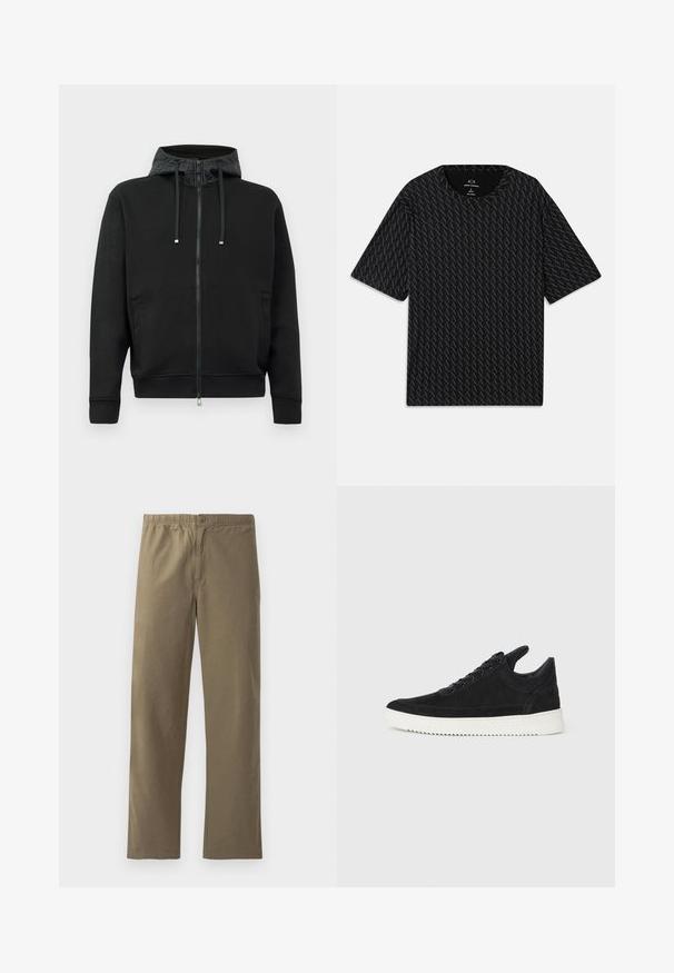 Must musta tõmblukuga kapuutsiga, mis on valmistatud pehmest kangast. Omab mustrilist kapuutsi voodrit, tõmblukke ja küljetaskut. Sujuv tekstuur, vabalt langev lõige.; Must mustläbiga T-särk, millel on tekstuurne muster vahelduvate 'A' logodega, lühikeste varrukatega ja ümar kaelus. Valmistatud kergest kangast.; Kergest kangast khaki püksid. Omavad elastset vööd, nupuga sulgemist, sirgeid jalgu ja siledat tekstuuri.; Must mustel kingad valge kummist tallaga, millel on toon-toonis õmblused ja paeltega disain. Sile tekstuur ja moodne, voolujooneline kuju.