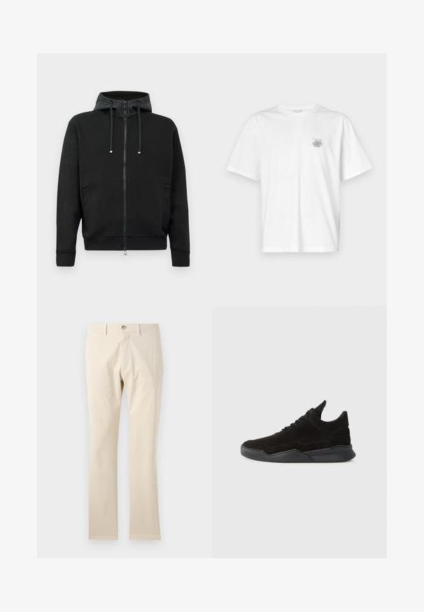Black zip-up hoodie made of soft fabric. Features a patterned hood lining, drawstrings, and side pockets. Smooth texture, relaxed fit.; White t-shirt made of cotton featuring short sleeves, a crew neck, and a small gray logo on the left chest area. Smooth texture.; Beige cotton trousers, straight-leg design, featuring a button closure and belt loops, smooth texture, and no visible patterns or accents.; Black suede sneaker with a low profile, textured upper, flat laces, and a solid rubber sole featuring a slight heel and curved design.