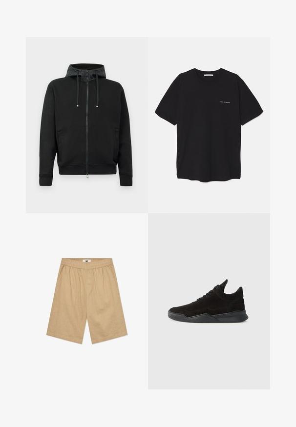 Haut à capuche zippé noir en tissu doux. Doté d'une doublure de capuche à motifs, de cordons de serrage et de poches latérales. Texture lisse, coupe décontractée.; T-shirt en coton noir avec un col rond, des manches courtes et un logo blanc imprimé sur la poitrine gauche. Design simple, couleur unie.; Shorts en coton beige avec une taille élastique, deux poches latérales et une coupe décontractée. Le tissu a une texture subtile.; Baskets en suede noir avec un profil bas, une upper texturée, des lacets plats, et une semelle en caoutchouc solide dotée d'un léger talon et d'un design incurvé.