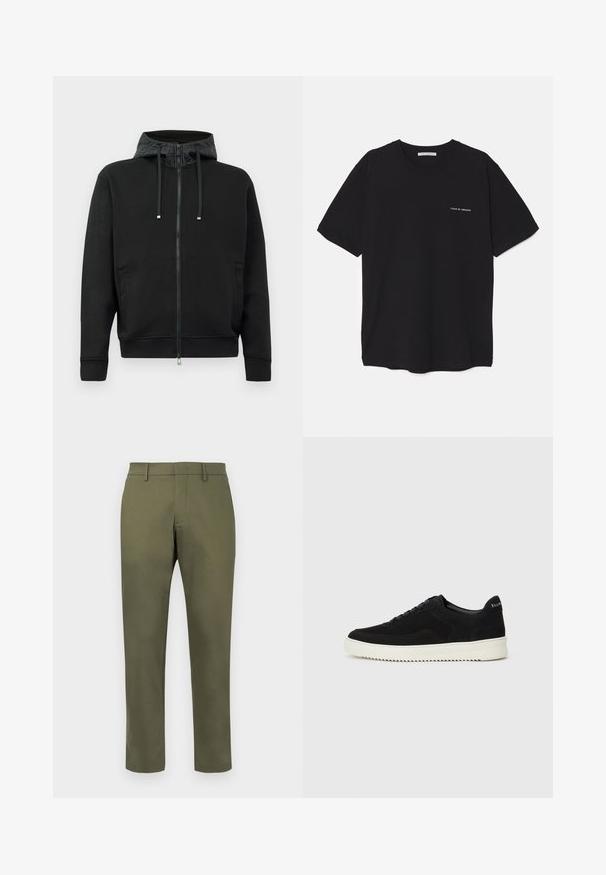 Svart zip-up hettegenser laget av mykt stoff. Har et mønstrete fôr i hetten, snorer og sidelommer. Glatt tekstur, avslappet passform.; Svart bomull T-skjorte med rund hals, korte ermer, og hvit logo trykk på venstre bryst. Enkel, ensfarget design.; Olivenfargede rette bukser med beltehemper og en skjult fronåpning mot en hvit bakgrunn.; Svart semsket sneakers med snøring og kontrasterende hvit gummisåle. Har teksturerte sidepaneler og subtil merkevare på hælen.