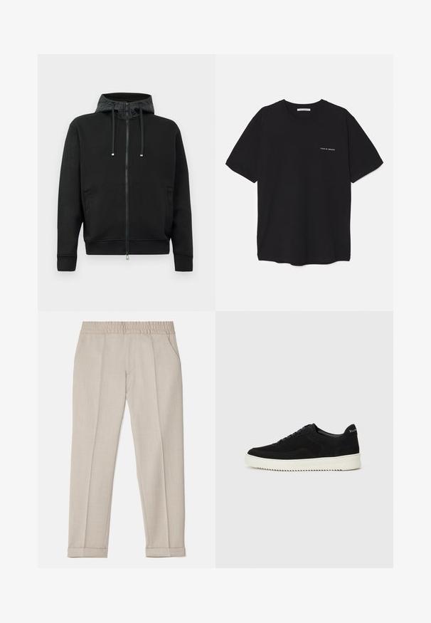 Hanorac cu fermoar negru, fabricat dintr-un material moale. Dispune de o căptușeală cu model pe glugă, șnururi de ajustare și buzunare laterale. Textură netedă, croială lejeră.; Tricou din bumbac negru, cu guler rotund, mâneci scurte și un imprimeu alb cu logo pe partea stângă a pieptului. Design simplu, de culoare uniformă.; Filippa K TERRY CROPPED TROUSERS - Pantaloni - sage melange; Adidași negri din suede cu design cu șireturi și talpă din cauciuc alb contrastant. Prezintă panouri laterale texturate și branding subtil pe toc.