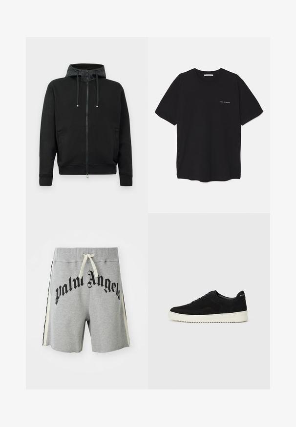 Melna zip-up kapuce, izgatavota no mīksta auduma. Iezīmēta ar rakstainu kapuces oderi, auklām un sānu kabatām. Gluda tekstūra, brīvs piegriezums.; Melnas kokvilnas T-krekls ar apaļu kaklu, īsām piedurknēm un baltu logotipa uzdruku kreisajā krūtī. Vienkāršs, vienkrāsains dizains.; Gaiši pelēki ikdienas šorti ar krēmkrāsas stiepli, melnām un krēmkrāsas sānu svītrām, un lielu melnu "palm angels" tekstu priekšā.; Melnas zamšas kedas ar auklām un kontrastējošu baltu gumijas zoli. Iekļauj teksturētas sānu panēles un diskretu zīmolu uz papēža.