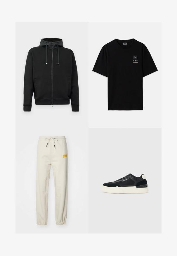 Sort zip-up hoodie lavet af blødt stof. Har mønstret foret i hætten, snoretræk og sidelommer. Glat tekstur, afslappet pasform.; Sort bomulds t-shirt med korte ærmer, rund hals og et lille logo mærke på fronten med plejeikoner i hvidt.; Iceberg PANTALONE - Træningsbukser - polvere; Sorte sneakers lavet af mesh og læder, med en tyk hvid sål og kontrasterende detaljer. Snørebånd og logo detaljer på siden.