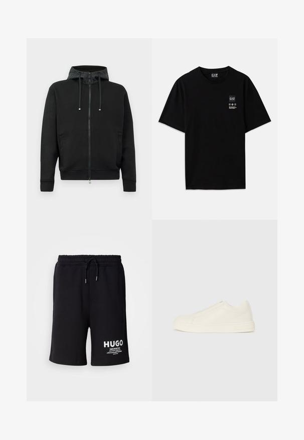 Black zip-up hoodie made of soft fabric. Features a patterned hood lining, drawstrings, and side pockets. Smooth texture, relaxed fit.; Black cotton t-shirt with short sleeves, a crew neck, and a small logo tag on the front featuring care symbols in white.; Black cotton shorts with an elastic waistband and drawstring. White "HUGO" logo on the left leg. Simple design, knee-length cut.; Low-top beige leather sneaker with a round toe, minimal stitching, and a side zipper closure on a white background.