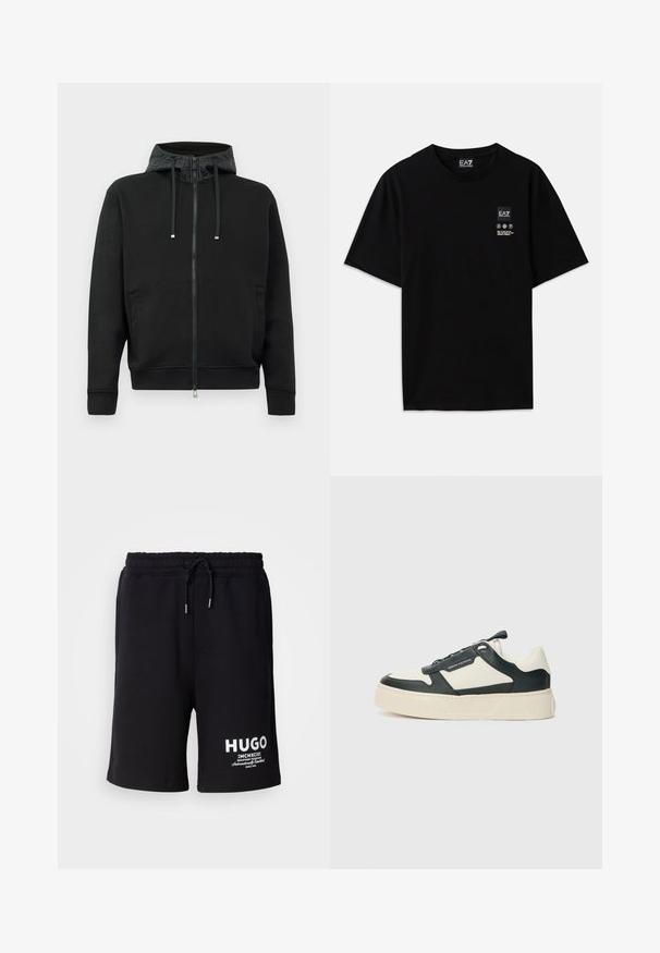 Black zip-up hoodie made of soft fabric. Features a patterned hood lining, drawstrings, and side pockets. Smooth texture, relaxed fit.; Black cotton t-shirt with short sleeves, a crew neck, and a small logo tag on the front featuring care symbols in white.; Black cotton shorts with an elastic waistband and drawstring. White "HUGO" logo on the left leg. Simple design, knee-length cut.; Leather sneakers in black and cream with a textured sole, featuring a padded collar, lace-up front, and logo detail on the side.