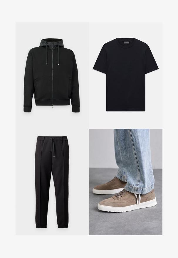 Black zip-up hoodie made of soft fabric. Features a patterned hood lining, drawstrings, and side pockets. Smooth texture, relaxed fit.; Black short-sleeve crew neck T-shirt with subtle embossed logo design centered on the chest and a branded tag inside the collar.; Black trousers with a waistband, drawstring, and elastic cuffs. Features pleats and a smooth, textured fabric.; Brown suede sneakers with white rubber soles, featuring round laces and a low-profile design. Jeans partially cover the shoes.