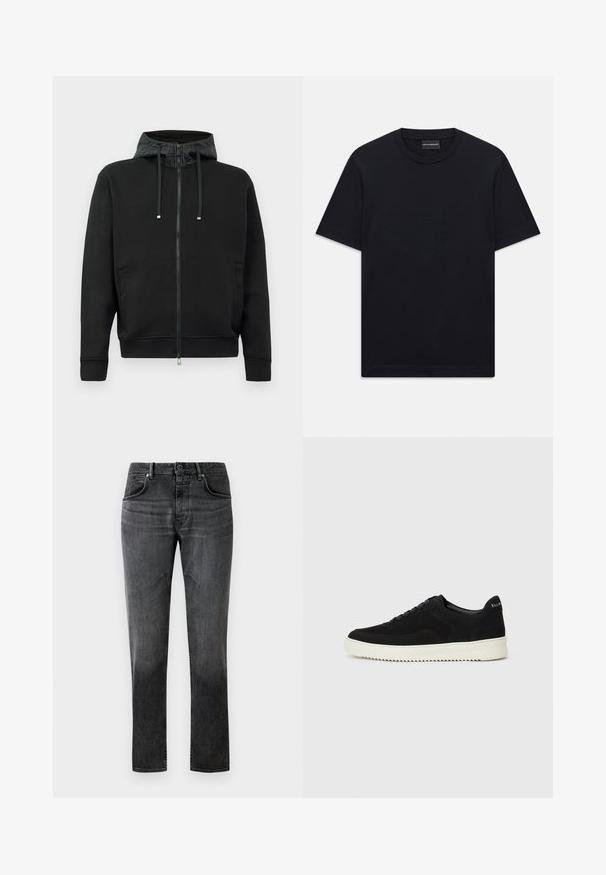 Musta vetoketjullinen huppari pehmeästä kankaasta. Sisältää kuvioidun hupun vuorin, narut ja sivutaskut. Sujuva tekstuuri, rento istuvuus.; Mustassa lyhythihaisessa crew neck -t-paidassa on hienovaraisesti kohokuvioitu logomuotoilu rinnassa ja merkkilappu kauluksessa.; Mustat farkut suoran leikkauksen, viiden taskun muotoilun ja hienovaraisen haalistumisen kanssa. Varustettu nappikiinnityksellä ja vyölenkeillä. Sileä pinta.; Mustat mokkakengät nauhoilla ja kontrastivalkoisella kumipohjalla. Varustettu teksturoiduilla sivupaneeleilla ja huomaamattomalla brändäyksellä kantapäässä.