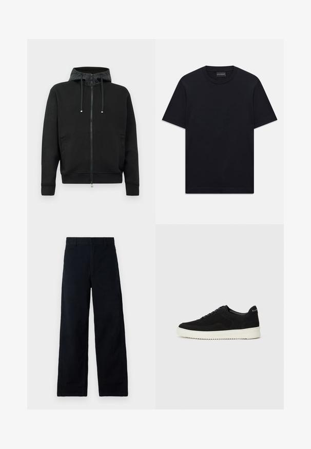 Crna zip-up dukserica od mekog materijala. Sadrži kapuljaču s uzorkom, šnalu za podešavanje i bočne džepove. Glatka tekstura, opušteni kroj.; Crna majica kratkih rukava s okruglim izrezom, s blagim reljefnim logotipom smještenim u središtu prsnog dijela i oznakom branda unutar ovratnika.; Crne široke hlače od pamuka sa glatkom teksturom, imaju standardni pojas i suptilne bočne šavove. Nema vidljivih džepova.; Crne nubuk tenisice s vezanjem i kontrastnom bijelom gumenom potplatom. Imaju teksturirane bočne panele i suptilno brendiranje na peti.