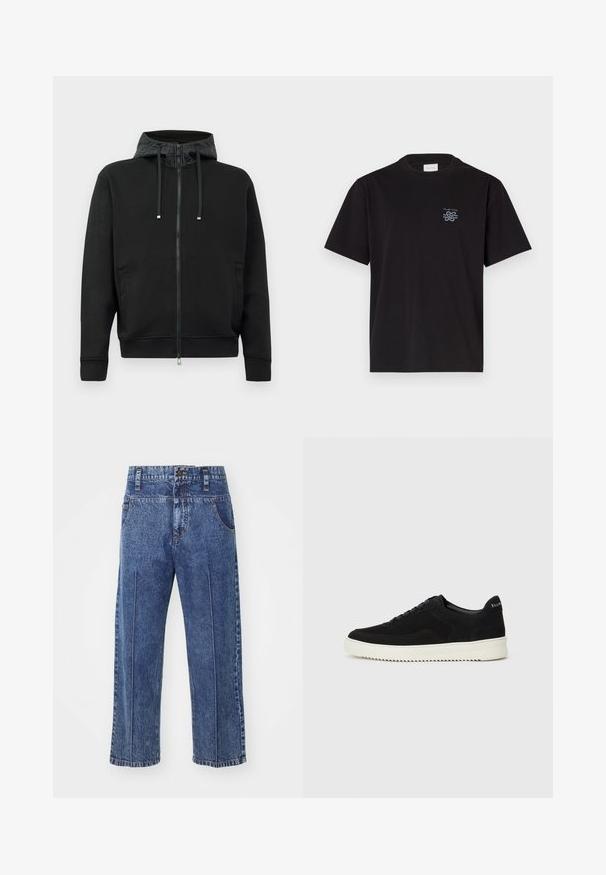 Melna zip-up kapuce, izgatavota no mīksta auduma. Iezīmēta ar rakstainu kapuces oderi, auklām un sānu kabatām. Gluda tekstūra, brīvs piegriezums.; Melna kokvilnas T-kreklu ar apaļu kaklu un īsām piedurknēm. Saturs mazu zilu logotipu kreisajā krūtī. Vienkāršs, taisns griezums.; Zili denima džinsi ar brīvu piegriezumu, taisnām kājām, priekšējām kabatām un pogu aizdari. Iespējama minimāla šuvju detaļu klātbūtne.; Melnas zamšas kedas ar auklām un kontrastējošu baltu gumijas zoli. Iekļauj teksturētas sānu panēles un diskretu zīmolu uz papēža.