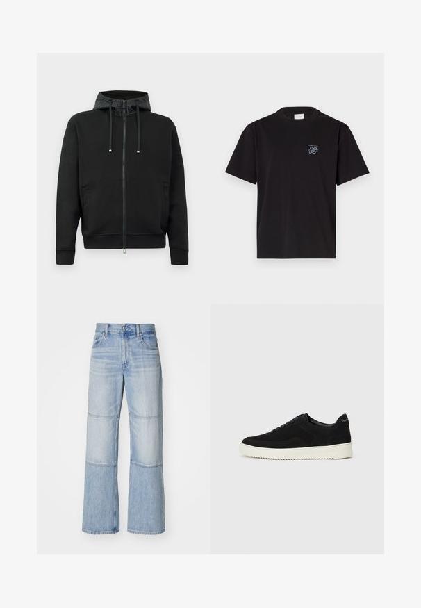 Fekete cipzáras kapucnis pulóver puha anyagból. Mintás kapucni bélés, zsinórok és oldalsó zsebek jellemzik. Simára fésült textúra, laza fazon.; Fekete pamut póló kerek nyakkal és rövid ujjakkal. Bal mellen egy kis kék logó található. Egyszerű, egyenes szabású dizájn.; Világoskék farmernadrág széles lábszárral, kontrasztos panelek és látható varrások jellemzik. Magas derekú, gombos záródással.; Fekete velúr sportcipő fűzős dizájnnal és kontrasztos fehér gumitalppal. Jellemzői a textúrázott oldalpanelek és a diszkrét logó a sarokon.