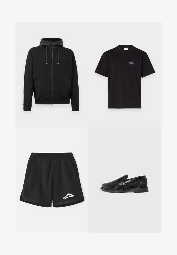 Schwarze Reißverschluss-Hoodie aus weichem Stoff. Mit einem gemusterten Futter in der Kapuze, Kordeln und Seitentaschen. Glatte Textur, lockere Passform.; Schwarzes Baumwoll-T-Shirt mit Rundhalsausschnitt und kurzen Ärmeln. Mit einem kleinen blauen Logo auf der linken Brust. Einfaches, gerade geschnittenes Design.; Schwarze Sportshorts aus weichem Material mit einem elastischen Bund. Mit seitlichen Taschen und einem weißen Logo auf der Vorderseite.; Schwarzer geflochtener Slipper mit einem glatten Lederakzent im Obermaterial, einem runden Zehendesign und einer flachen Gummisohle.