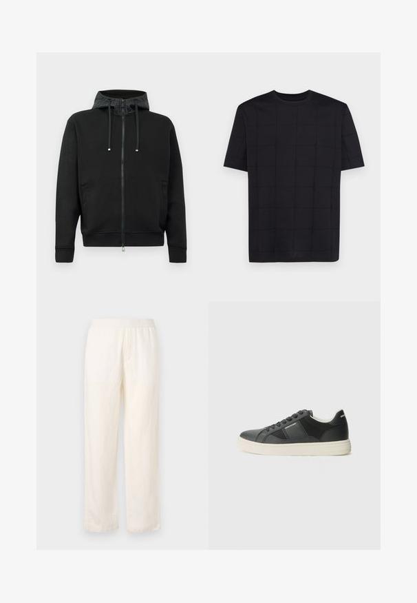 Juodas užtrauktukas megztinis, pagamintas iš minkštos medžiagos. Su raštuota kapučio pamušalu, raišteliais ir šoninėmis kišenėmis. Lygus paviršius, laisvas kirpimas.; Armani Exchange Marškinėliai su spaudiniu - black; Lengvi, grietinėlės spalvos kelnių modelis su elastinga juosmens juosta, tiesiomis kojomis ir subtilia tekstūra. Nėra matomų kišenių.; Juodos sportinės avalynės pagamintos iš lygaus odos su tekstūruotais akcentais, baltu guminiu padu, apvaliu pirštu ir juodomis raištelėmis. Prekės ženklas ant šono ir nugaros.