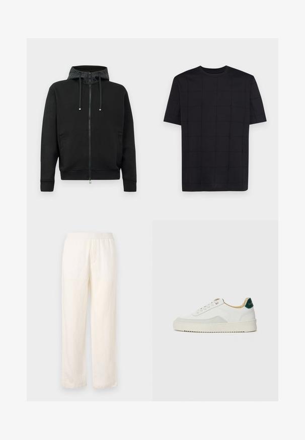 Svart zip-up hettegenser laget av mykt stoff. Har et mønstrete fôr i hetten, snorer og sidelommer. Glatt tekstur, avslappet passform.; Armani Exchange T-shirts med print - black; Lettvekts, kremfargede bukser med elastisk midje, rak ben-design og subtil tekstur. Har ingen synlige lommer.; Hvit sneakers med semsket detaljer, rund tå, flate snøringer og en kremfarget gummisåle. Har grønn merking på hælen.