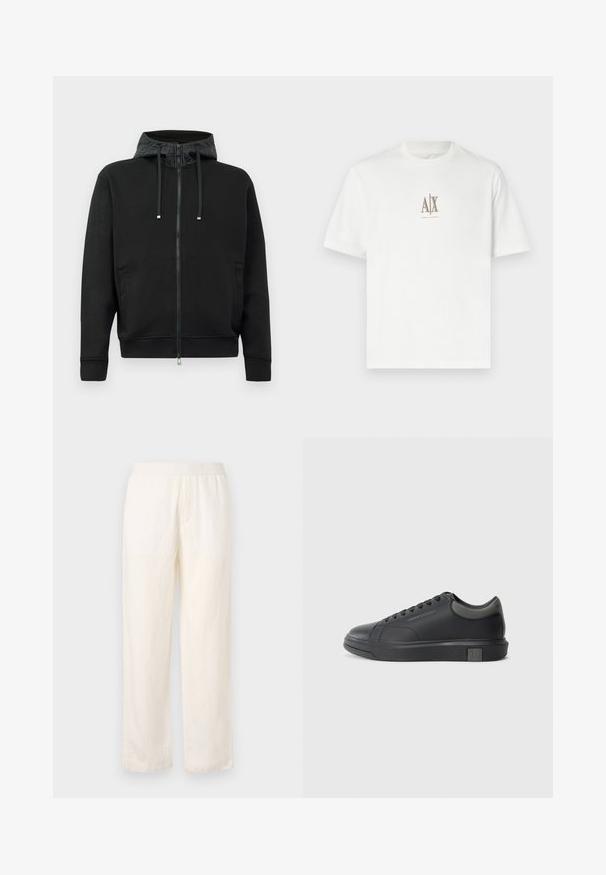 Must musta tõmblukuga kapuutsiga, mis on valmistatud pehmest kangast. Omab mustrilist kapuutsi voodrit, tõmblukke ja küljetaskut. Sujuv tekstuur, vabalt langev lõige.; Valge puuvillane T-särk ümmarguse kaelusega. Omab väikest beeži logot "A|X" ja "ARMANI EXCHANGE" trükituna alla. Lühikesed varrukad, regulaarne lõige.; Kerged, kreemivärvi püksid elastse vöökoha, sirge jala disaini ja peene tekstuuriga. Ilma nähtavate taskuteta.; Musthave mustad nahk sneaker sileda viimistlusega, ümarate varvaste ja tummiste hallide aktsentidega. Omab paeltega kinnitust ja tekstureeritud kummist talla.
