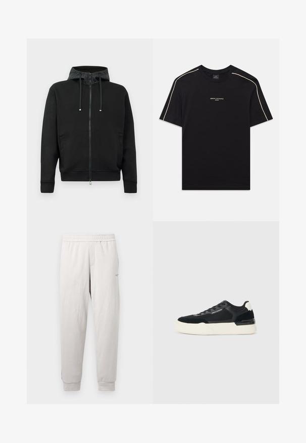 Black zip-up hoodie made of soft fabric. Features a patterned hood lining, drawstrings, and side pockets. Smooth texture, relaxed fit.; Black cotton t-shirt with short sleeves, rounded neck, beige accent stitching on shoulders, and ARMANI EXCHANGE logo in the center.; Light gray sweatpants with an elastic waistband, side pockets, ribbed cuffs, and subtle branding on the leg, made of soft fabric.; Black sneaker made of mesh and leather, featuring a thick white sole and contrasting accents. Laces and logo detail on the side.