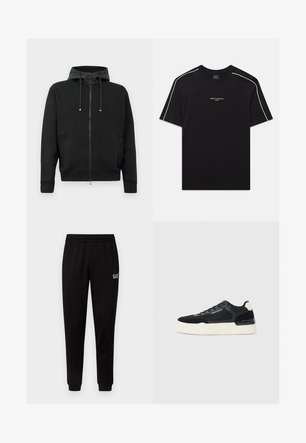 Svart zip-up hettegenser laget av mykt stoff. Har et mønstrete fôr i hetten, snorer og sidelommer. Glatt tekstur, avslappet passform.; Svart bomulls t-skjorte med korte ermer, rund hals, beige detaljer på skuldrene, og ARMANI EXCHANGE-logoen i midten.; Sorte joggebukser med elastisk midje, smale ben og en liten hvit logo på øvre venstre side. Glatt tekstur og enkelt design.; Svart sneaker laget av mesh og lær, med en tykk hvit såle og kontrasterende detaljer. Lissene og logoen er detaljer på siden.
