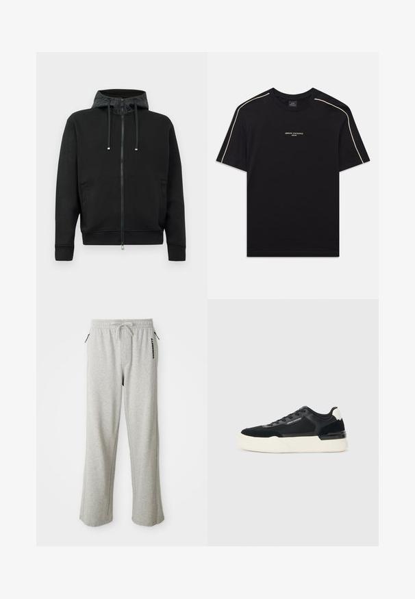Čierna mikina na zips vyrobená z mäkkej tkaniny. Obsahuje vzorovaný podšívku kapuce, šnúrky a bočné vrecká. Hladká textúra, uvoľnený strih.; Čierne bavlnené tričko s krátkymi rukávmi, okrúhlym výstrihom, béžovým kontrastným prešívaním na pleciach a logom ARMANI EXCHANGE v strede.; Šedé tepláky vyrobené z jemného materiálu, s pásom na šnúrku, bočnými vreckami a potlačeným logom na ľavom stehne.; Čierne tenisky vyrobené z textílie a kože, s hrubou bielou podrážkou a kontrastnými akcentmi. Šnúrky a detail loga na boku.