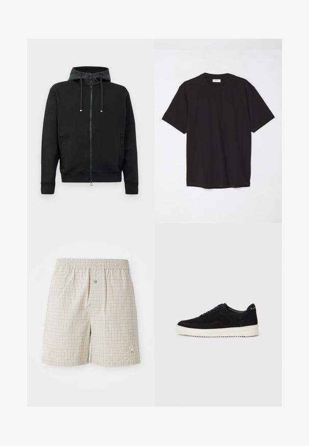 Black zip-up hoodie made of soft fabric. Features a patterned hood lining, drawstrings, and side pockets. Smooth texture, relaxed fit.; Black cotton t-shirt with a crew neck, short sleeves, and a relaxed fit. Simple design, smooth texture, and no visible patterns or logos.; Light beige checkered shorts with a soft texture, elastic waistband, and a decorative white goose embroidery near the hem.; Black suede sneaker with lace-up design and contrasting white rubber sole. Features textured side panels and subtle branding on the heel.