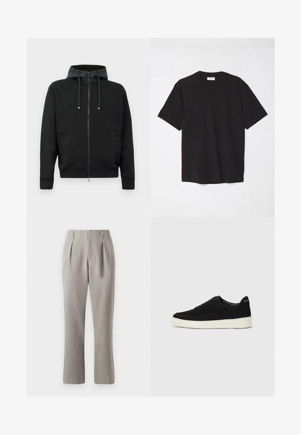 Sudadera negra con cremallera, hecha de una tela suave. Presenta un forro con patrón en la capucha, cordones y bolsillos laterales. Textura suave y corte relajado.; Camiseta de algodón negra con cuello redondo, mangas cortas y un corte relajado. Diseño simple, textura suave y sin patrones o logotipos visibles.; Pantalones grises a medida con una textura suave, que cuentan con pliegues frontales, pasadores para cinturón y perneras rectas. El material parece estructurado y ligero.; Zapatilla de ante negra con diseño de cordones y suela de goma blanca contrastante. Presenta paneles laterales texturizados y un sutil logo en el talón.