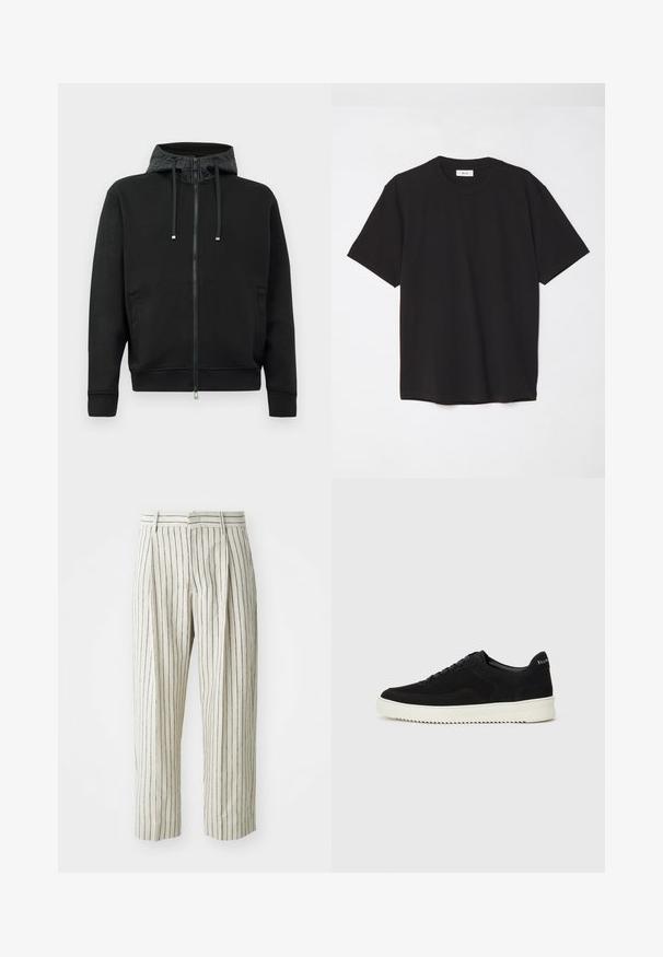 Schwarze Reißverschluss-Hoodie aus weichem Stoff. Mit einem gemusterten Futter in der Kapuze, Kordeln und Seitentaschen. Glatte Textur, lockere Passform.; Schwarzes Baumwoll-T-Shirt mit Rundhalsausschnitt, kurzen Ärmeln und lockerer Passform. Einfaches Design, glatte Textur und keine sichtbaren Muster oder Logos.; Weiß gestreifte Hosen aus leichtem Material, mit lockerer Passform, Falten und einem Bund mit Gürtelschlaufen. Vertikale marineblaue Streifen.; Schwarze Wildleder-Sneaker mit Schnürdesign und kontrastierender weißer Gummisohle. Verfügt über strukturierte Seitenpaneele und dezentes Branding an der Ferse.