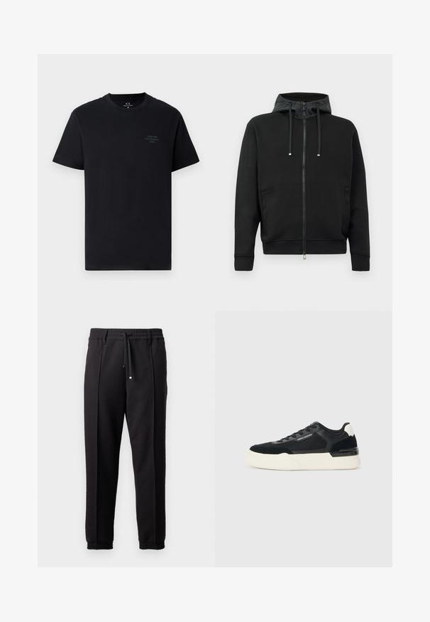 Černá zipová mikina vyrobená z měkké tkaniny. Obsahuje vzorovanou podšívku kapuce, stahovací šňůrky a boční kapsy. Hladká textura, uvolněný střih.; Černé bavlněné tričko s kulatým výstřihem, krátkými rukávy a malým, tónovaným logem Armani Exchange na hrudi. Jednoduchý, klasický design.; Černé kalhoty s páskem, šňůrkou na stažení a elastickými manžetami. Obsahují sklady a hladkou, strukturovanou látku.; Černé tenisky vyrobené z mřížkového materiálu a kůže, s výraznou bílou podešví a kontrastními akcenty. Šněrování a detail loga na straně.