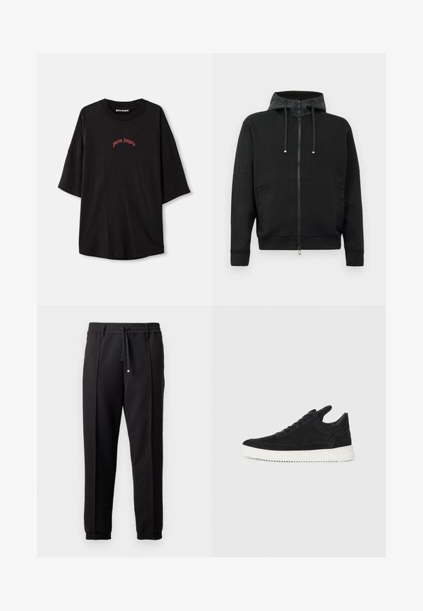 Svart zip-up hettegenser laget av mykt stoff. Har et mønstrete fôr i hetten, snorer og sidelommer. Glatt tekstur, avslappet passform.; Svarte t-skjorte med korte ermer laget av bomull. Har rund halslinning og rødt "palm angels"-logo i en buet design på forsiden.; Sorte bukser med liv, snor og elastiske mansjetter. Har plisséer og et glatt, teksturert stoff.; Sorte semskede sneakers med hvit gummisåle, med tonale sømmer og snøring. Glatt tekstur med en moderne, strømlinjeformet form.