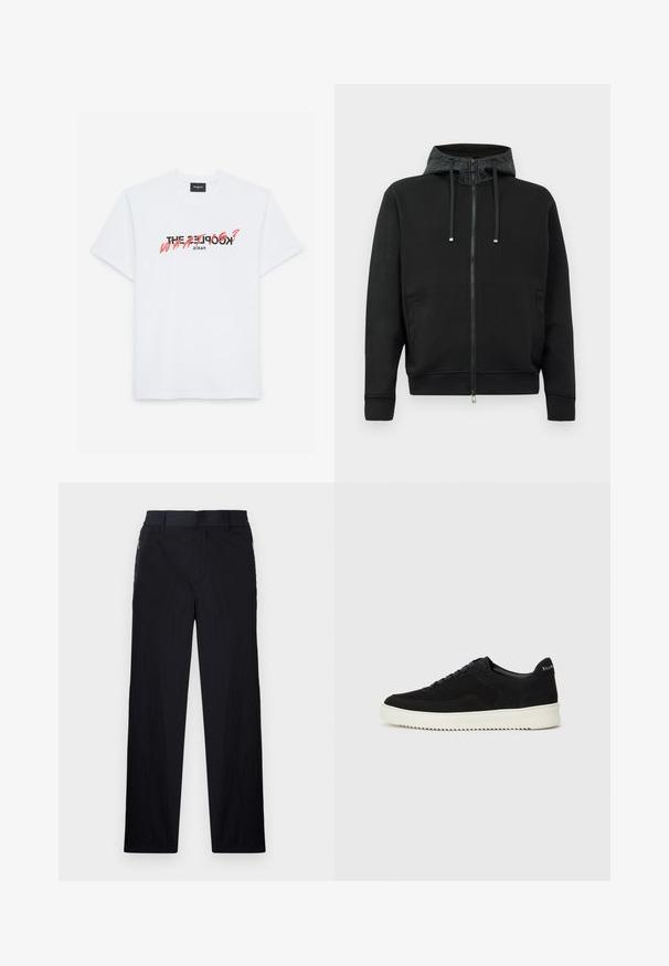 Corta-vento preto com fecho éclair feito de tecido macio. Apresenta um forro de capuz estampado, cordões e bolsos laterais. Textura suave, ajuste descontraído.; T-shirt de algodão branco com mangas curtas, apresentando uma impressão gráfica em preto e coral. O texto diz: "THE KOOPLES? WHAT?" e "PARIS."; Calças pretas com um tecido leve e texturizado, design de pernas retas, cintura elástica e bolsos laterais com fecho.; Sapatilhas de camurça pretas com design de atacadores e sola de borracha branca em contraste. Apresenta painéis laterais texturizados e uma marcação discreta no calcanhar.