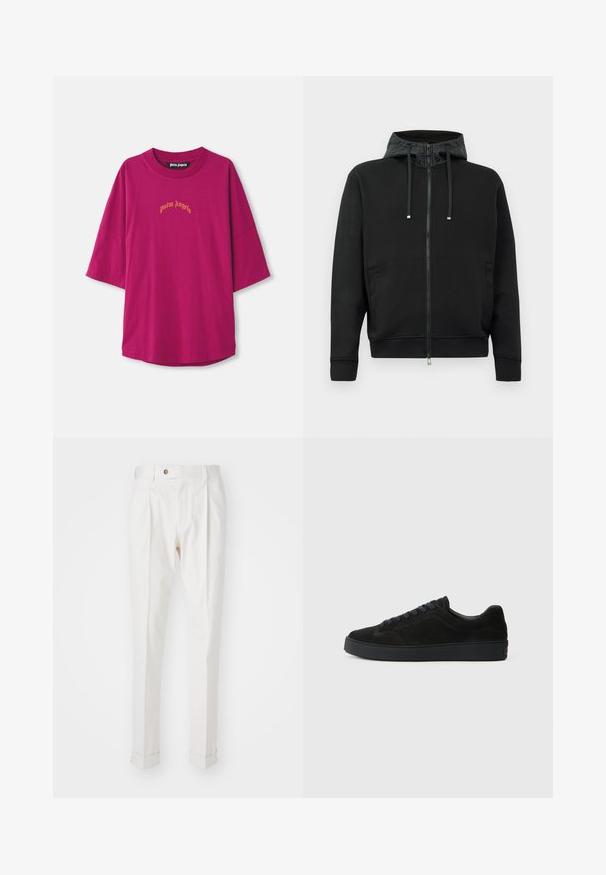 Čierna mikina na zips vyrobená z mäkkej tkaniny. Obsahuje vzorovaný podšívku kapuce, šnúrky a bočné vrecká. Hladká textúra, uvoľnený strih.; Fučisty oversized tričko vyrobené z bavlny, s krátkymi rukávmi a zaobleným výstrihom. Vyšité logo "Palm Angels" v zlatej farbe.; Biele, prispôsobené nohavice s plochým predným dielom, dvoma záhybmi a zrolovanými manžetami. Vyrobené z hladkej tkaniny s gombíkovým zapínaním v páse.; Čierne semišové tenisky s plochou, textúrovanou podrážkou, zaoblenou špičkou, šiestimi očkami na šnúrky a minimalistickým dizajnom.