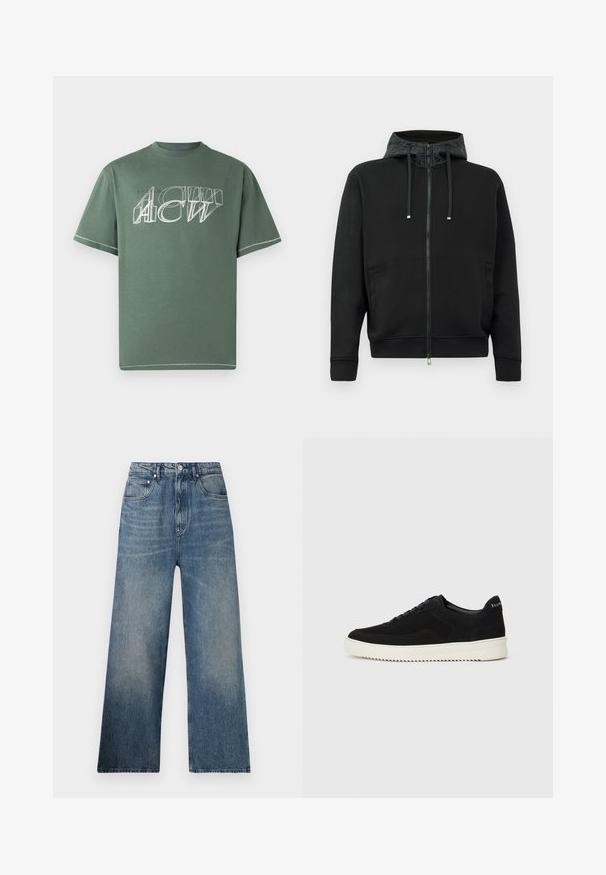 Juodas užtrauktukas megztinis, pagamintas iš minkštos medžiagos. Su raštuota kapučio pamušalu, raišteliais ir šoninėmis kišenėmis. Lygus paviršius, laisvas kirpimas.; Žalias medvilninis marškinėliai su trumpomis rankovėmis, kurių priekyje yra baltas grafikos spaudinys kampiniu dizainu ir kontrastingi siūlai palei apatinį kraštą.; Mėlynos džinsinės plačios kojos kelnės su aukštu juosmeniu, turinčios subtilių nudilimų, penkis kišenes ir metalinį mygtuko užsegimą priekyje.; Juodos veliūrinės sportinės bateliai su raištelių dizainu ir kontrastinga balta gumine padais. Yra tekstūruoti šoniniai skydeliai ir subtilus logotipas ant kulno.