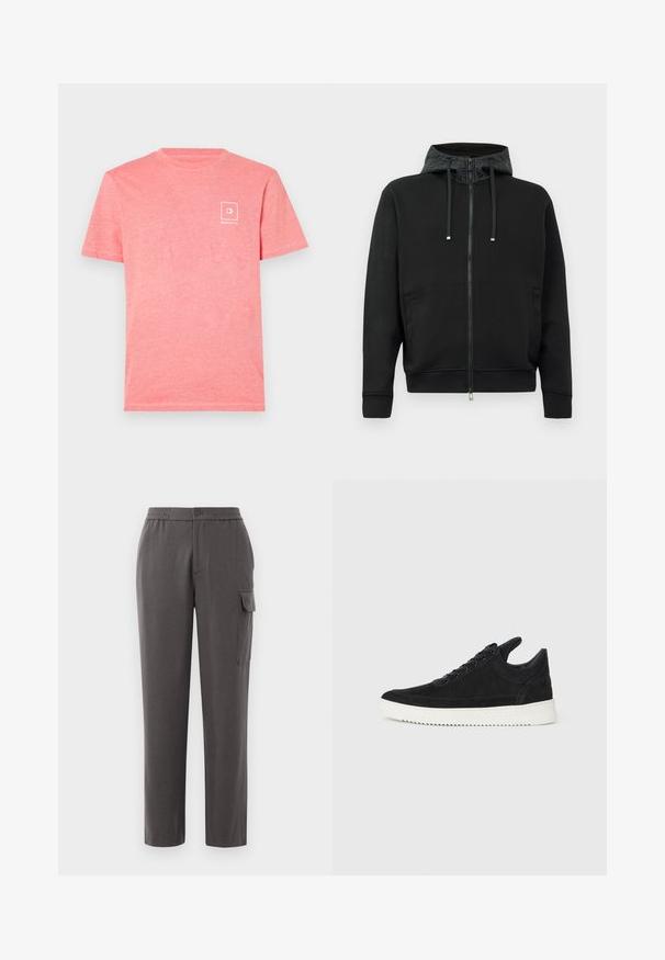 Fekete cipzáras kapucnis pulóver puha anyagból. Mintás kapucni bélés, zsinórok és oldalsó zsebek jellemzik. Simára fésült textúra, laza fazon.; Rózsaszín pamut póló rövid ujjakkal, bal mellen egy kis fehér logóval. Puha tapintású és klasszikus környakú.; Szürke, laza szabású nadrág, sima anyagból készült. Gombos záródással, oldalsó zsebekkel és egy cargo zsebbel rendelkezik a lábon.; Fekete nubuk sportcipő fehér gumitalppal, tónusos varrással és fűzős kialakítással. Simák a textúrája, modern, letisztult formával rendelkezik.