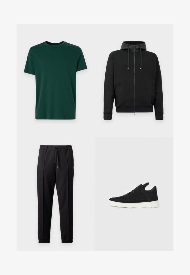 Svart zip-up hettegenser laget av mykt stoff. Har et mønstrete fôr i hetten, snorer og sidelommer. Glatt tekstur, avslappet passform.; Mørkegrønn bomull T-skjorte med rund hals, korte ermer og en liten logo på brystet. Glatt tekstur, avslappet passform.; Sorte bukser med liv, snor og elastiske mansjetter. Har plisséer og et glatt, teksturert stoff.; Sorte semskede sneakers med hvit gummisåle, med tonale sømmer og snøring. Glatt tekstur med en moderne, strømlinjeformet form.