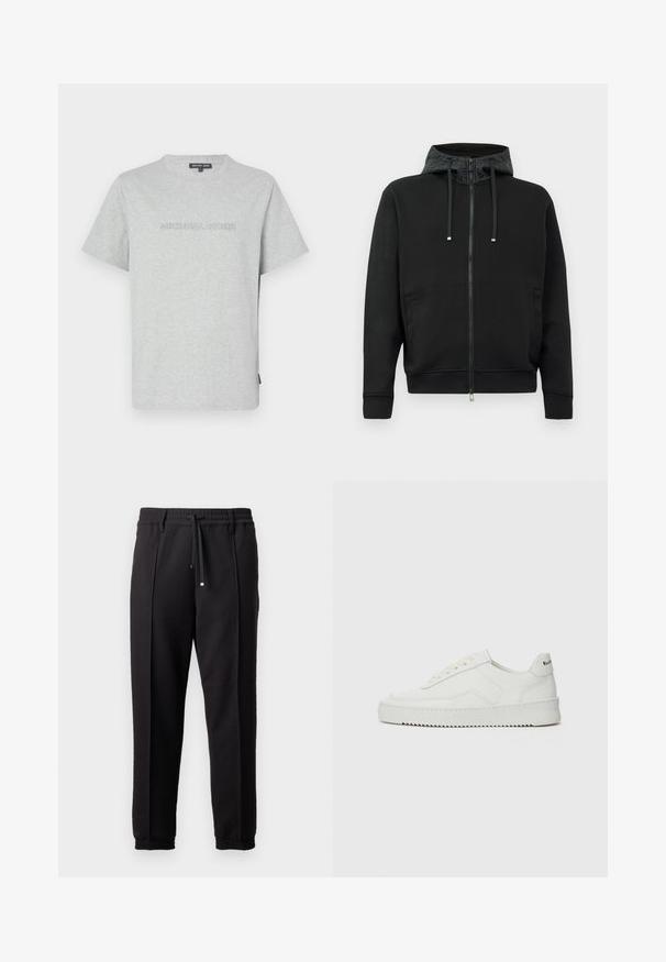 Fekete cipzáras kapucnis pulóver puha anyagból. Mintás kapucni bélés, zsinórok és oldalsó zsebek jellemzik. Simára fésült textúra, laza fazon.; Szürke pamut póló rövid ujjal, elöl domború "MICHAEL KORS" logóval és kerek nyakkivágással.; Fekete nadrág derékpánttal, húzózsinórral és rugalmas mandzsettákkal. Jellemző rá a pliszírozás és a sima, textúrált anyag.; Fehér bőr sportcipő sima felülettel, kerek orral, lapos fűzőkkel és texturált talppal. Finom logó található a sarokon.